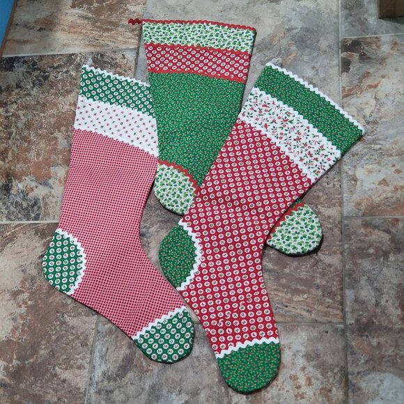 Christmas Stockings Set of 3 Cotton Fabric Festive Red White Green Patterns - Picture 2 of 10